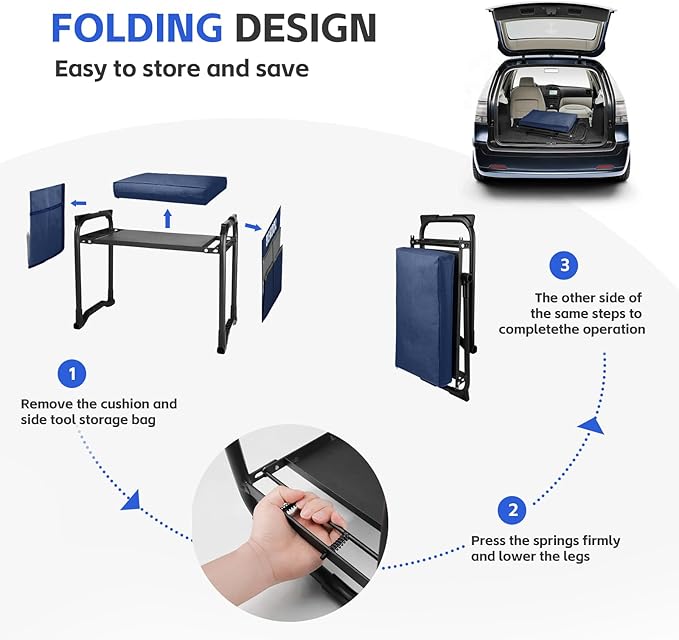 Dekool Garden Kneeler and Seat with Upgraded Wide & 3" Thick Kneeling Pad, Heavy Duty Garden Stool with 2 Large Tool Bags, Portable Bench for Weeding, Gardening Gifts for Women, Men, Seniors, Blue