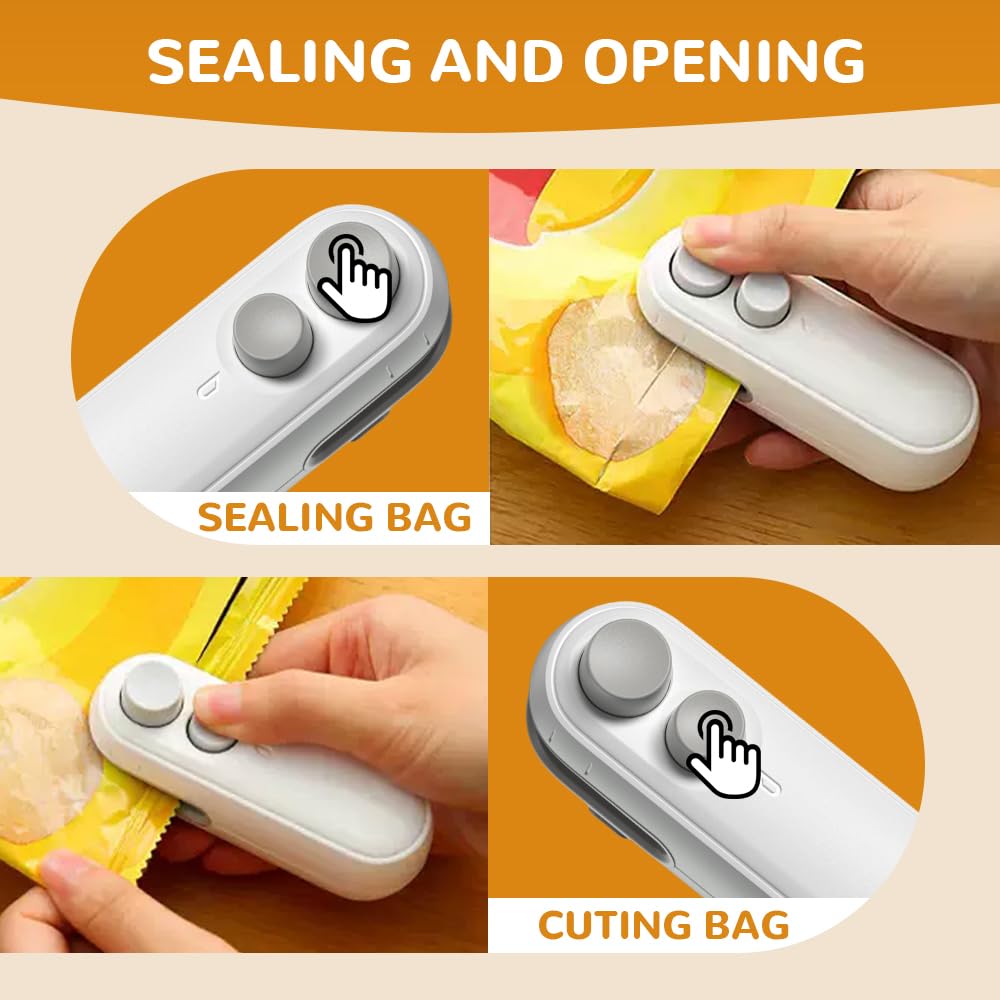 2026 Upgraded Mini Bag Sealer, 2 in 1 Mini Bag Sealer with Cutter and Magnet, Rechargeable Mini Bags Sealer Portable Resealer Machine for Snack Plastic Bags Food Storage Travel (White + Black)