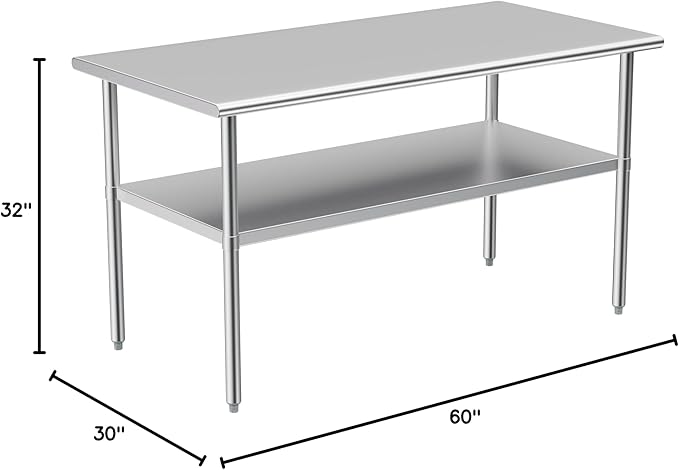 Atronor Stainless Steel Table for Prep & Work, 30x60 Inches, NSF Metal Commercial Heavy Duty Table with Adjustable Under Shelf and Foot for Restaurant, Home and Hotel