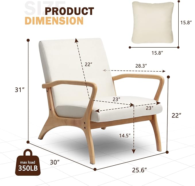 ELUCHANG Accent Chair with Lumbar Pillow,Mid-Century Modern Accent Chair Armchair, Linen Fabric Comfy Reading Chair Lounge Side Chair for Living Room Bedroom Apartment,Easy Assembly(Beige,2PCS)