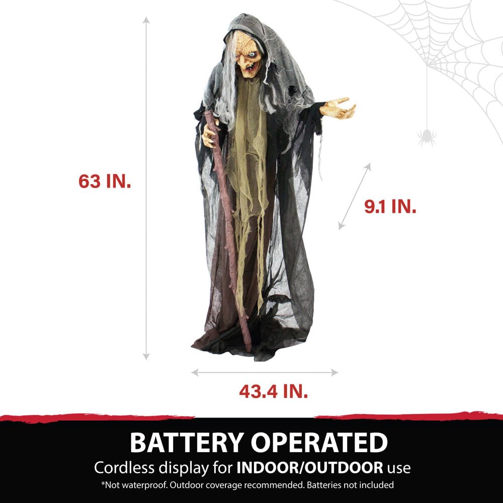 Haunted Hill Farm Life-Size Scary Poseable Talking Witch, Halloween Animatronic with Touch Activated Lights and Sound, Battery Operated Indoor or Covered Outdoor Halloween Decorations, Halloween Prop