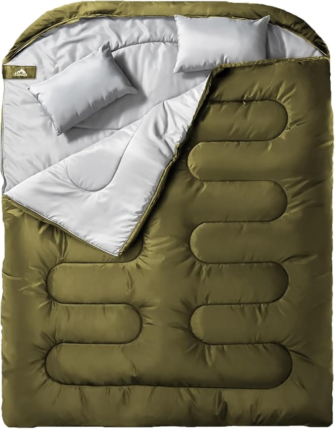 MEREZA Double Sleeping Bag for Adults Mens with Pillow, XL Queen Size Two Person Sleeping Bag for All Season Camping Hikin...