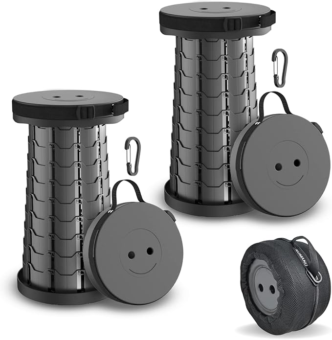 NUMANU 2PK Old-Gen Collapsible Stool, Max 400lbs, Adjustable Portable Folding Stool for Adults, Retractable Foldable Telescopic Seat Camping Chair or Footrest (2PK Old-Gen Hard Seat + Accessories)