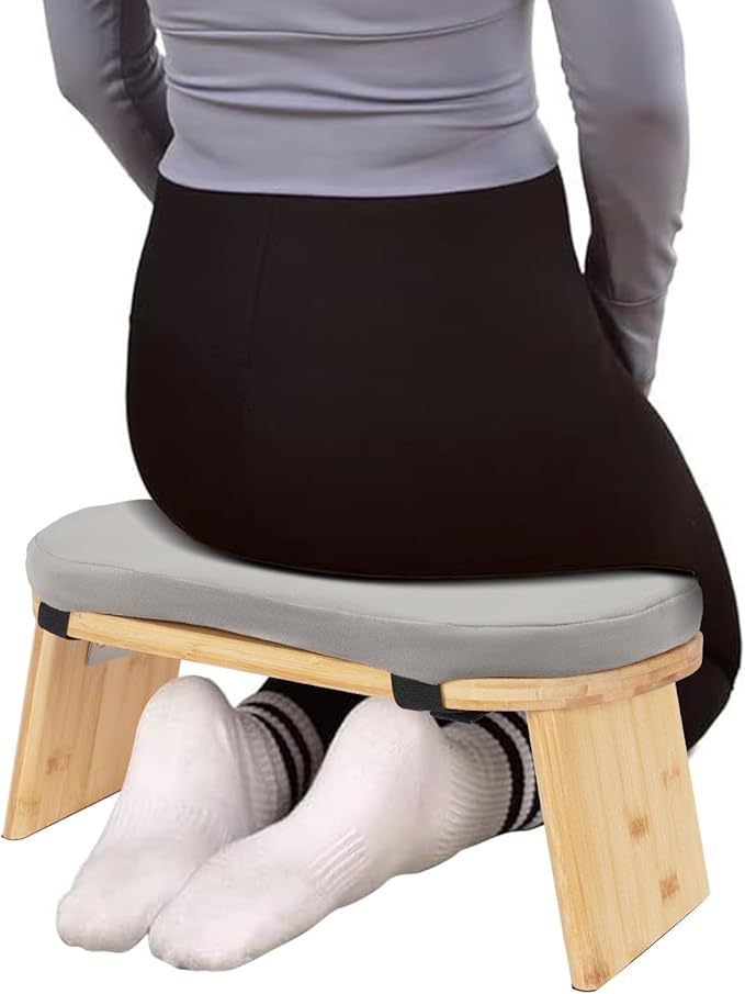Bamboo Meditation Bench with Cushion, Folding Kneeling Meditation Bench, Portable Kneeling Chair for Kneeling or Sitting, 396.83lbs Load Max (Gray)