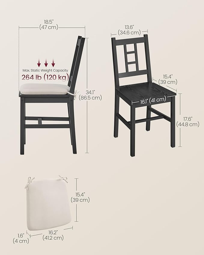 VASAGLE Wooden Dining Chairs, Set of 4, Kitchen and Dining Room Chairs, Removable Cushion, Curved Back, Each Supports 264 lb, Ebony Black UKDC150B14