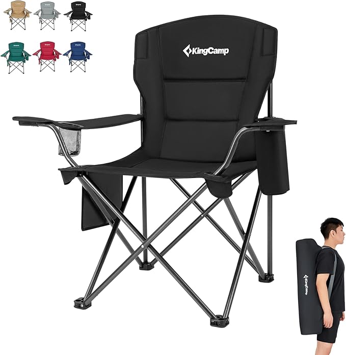 KingCamp Padded Portable Outdoor Folding Lounge Chairs with Built In Cupholder, Insulated Cooler Sleeve, and Side Storage ...