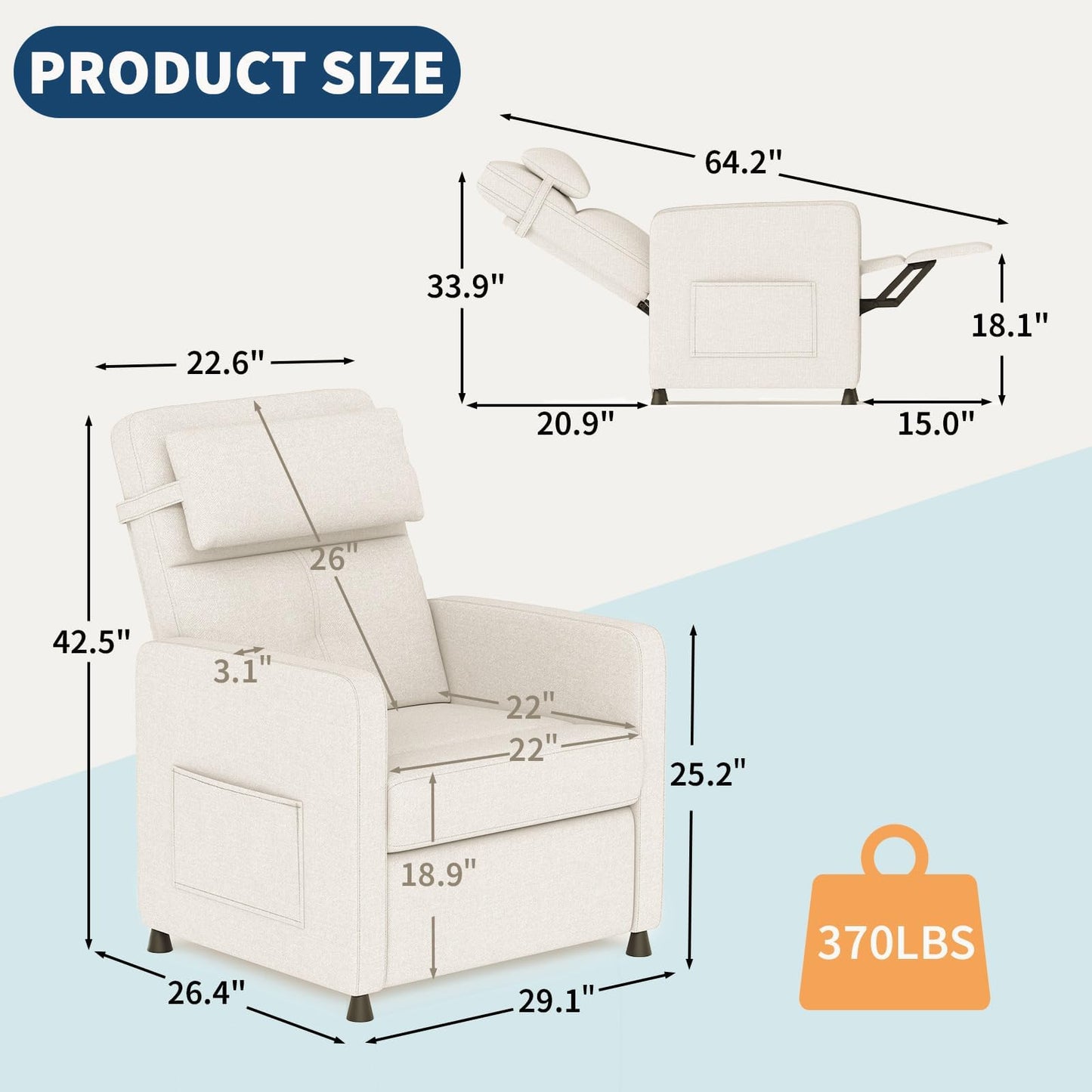 GarveeHome Power Recliner Living Room Lazy Chair Adjustable Electric Reclining Chair Home Theater Seating with Side Pockets & USB Port(Beige)