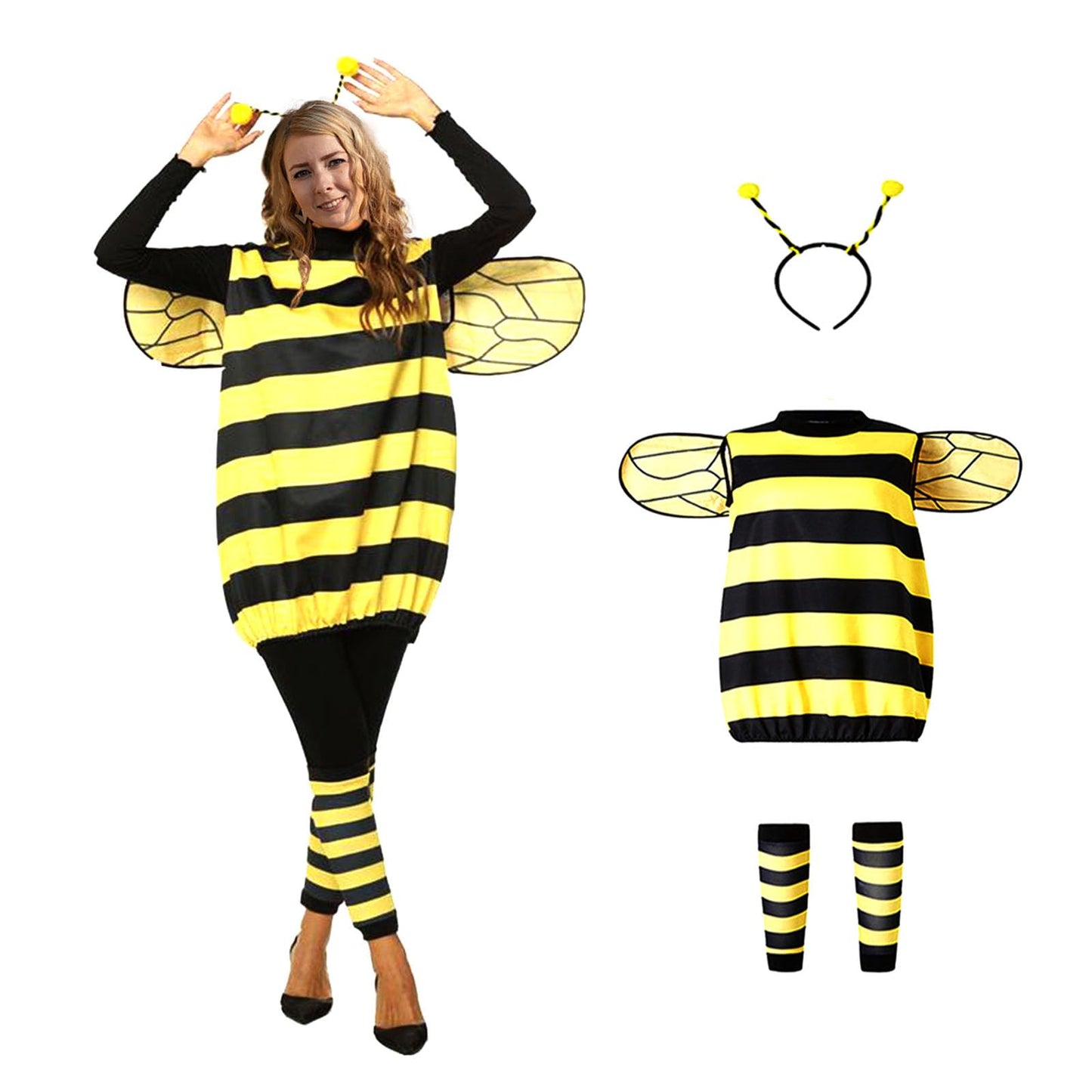 TUSAUW Bee Costume Toddler Halloween Costumes for Girls Womens Kids Adults Halloween Cosplay Costume Role Play Dress Up with Headband Jacket Wings Leggings for Halloween Theme Party(Size L)