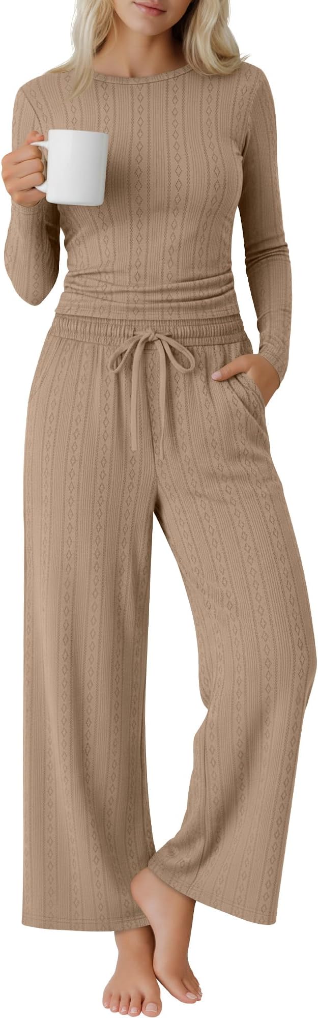 Evervibe Women's 2 Piece Lounge Set Long Sleeve Crew Neck Top Drawstring Wide Leg Pants Casual Tracksuit Matching Set