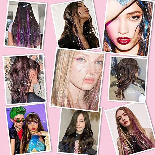 Hair Tinsel Pack of 12 Pcs Colorful Glitter Hair Accessories 20 Inch Clip in Hair Tinsel Extensions Fairy Hair Accessories...
