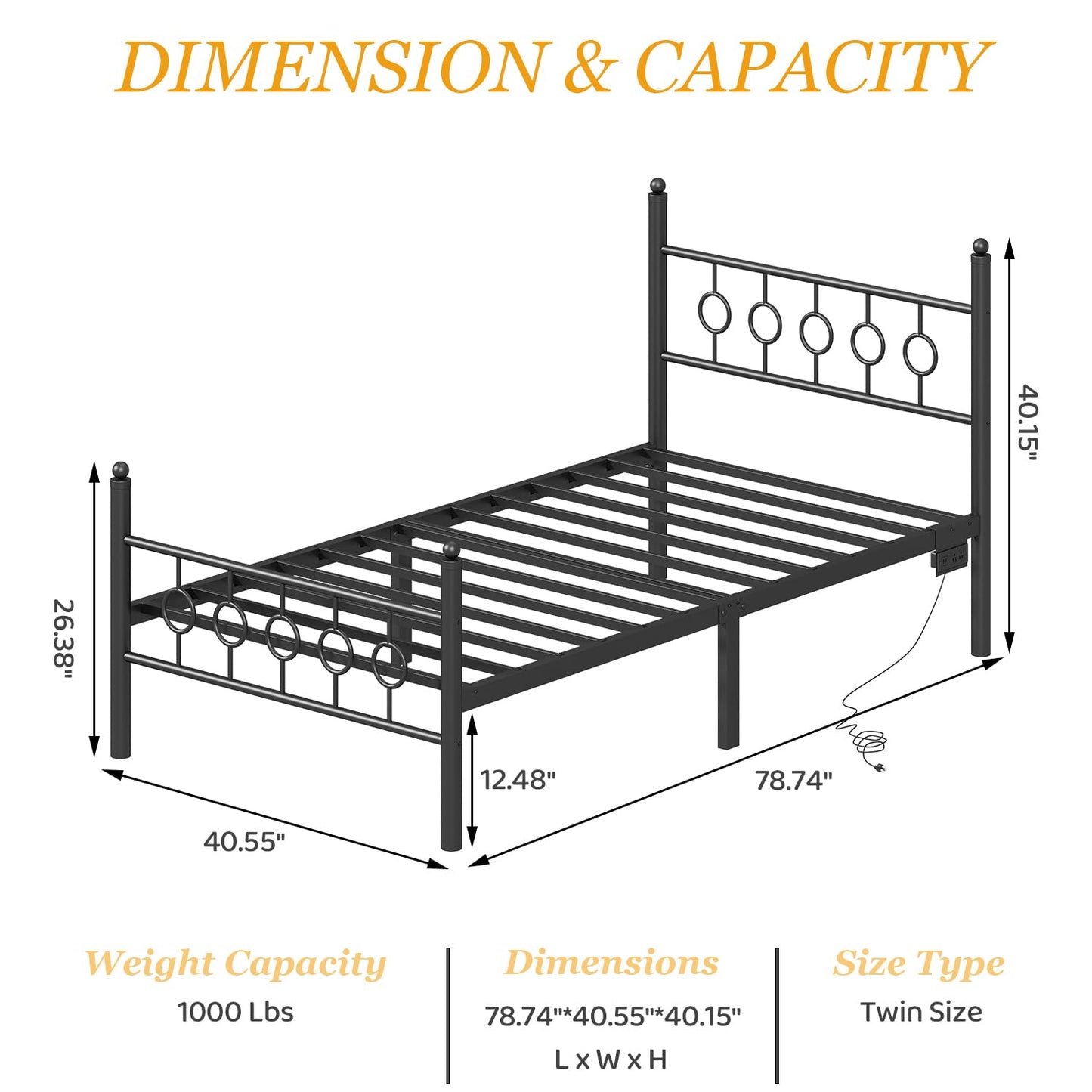Jenmit Twin Bed Frames with Headboard, LED Bed Frame with Charging Station, Metal Platform, Under-Bed Storage, No Box Spring Needed, Noise Free, Easy Assembly, Black