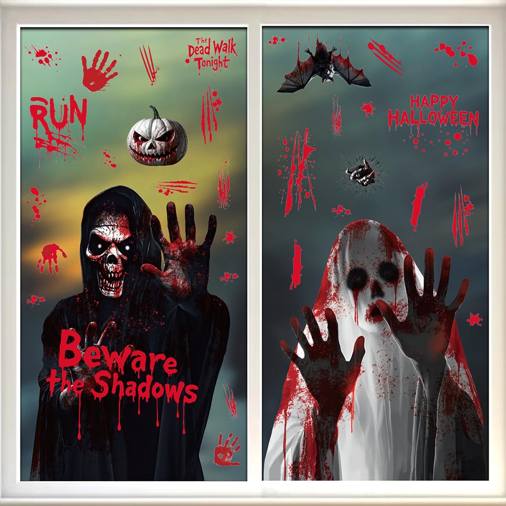 Halloween Window Clings Decorations - Scary Ghost & Death Stickers Scary Halloween Party Blood Stickers Decor for Home Classroom Windows Indoor/Outdoor Use - 8 Sheets