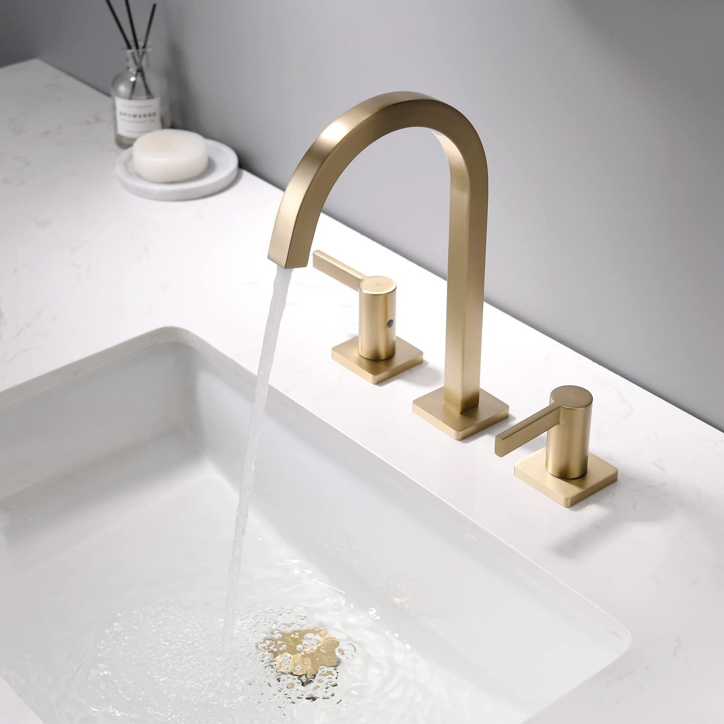 INDARE Brushed Gold Bathroom Faucets, 8 Inch Brass Widespread Bathroom Sink Faucet 3 Holes, Two Handles Sink Faucet with Metal Pop-Up Drain & CUPC Supply Lines, for Gold Vanity RV