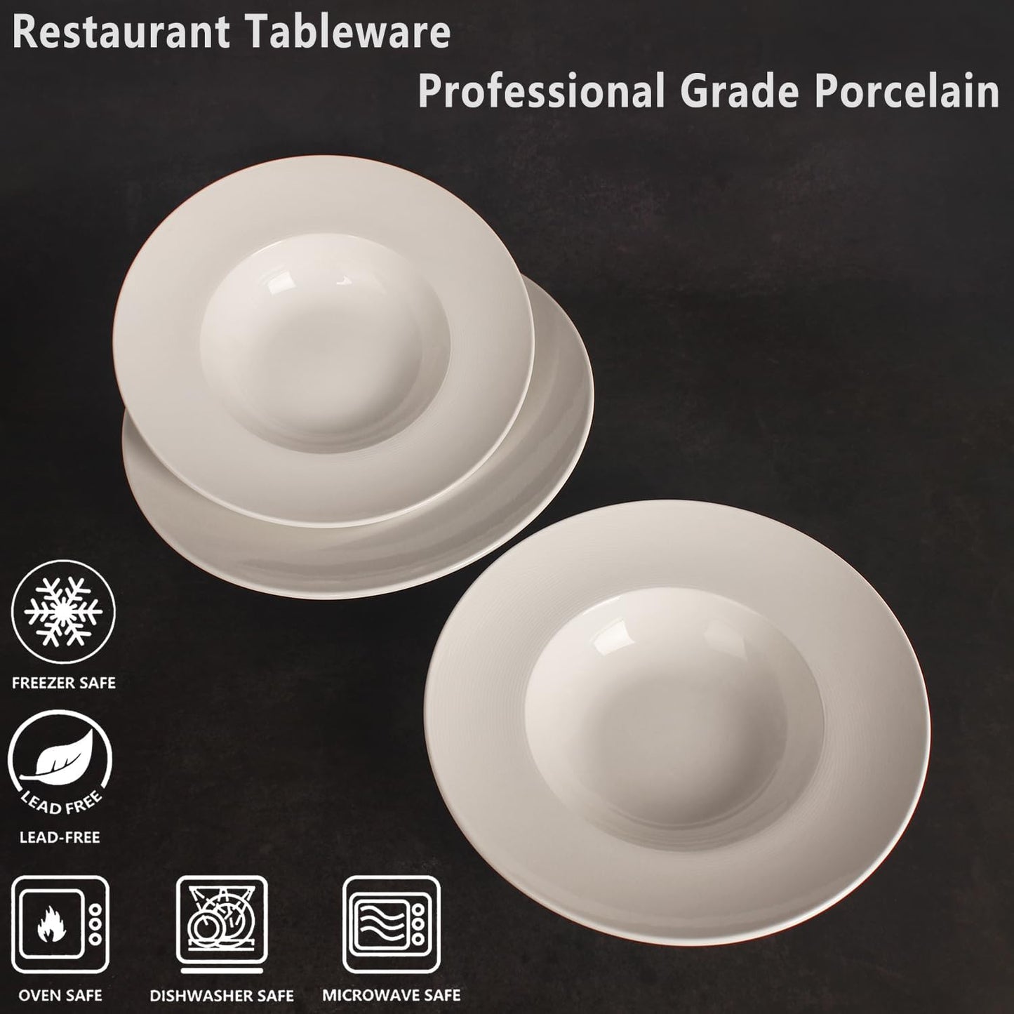 Porcelain Soup Bowls soup Plate Pasta Bowl Set of 4 Shallow Bowl Plates, 14 oz Rimmed Bowls with Rim, Microwave ovens and refrigerators safe, Line texture 11.9 Inch