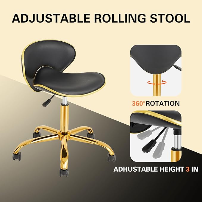 Rolling Salon Stool with Back, Set of 2 Saddle Chair Adjustable Swivel Chair for Massage Tattoo, Comfy Swivel Stool with Wheels for Beauty, Esthetician, Medical, Shop-Black