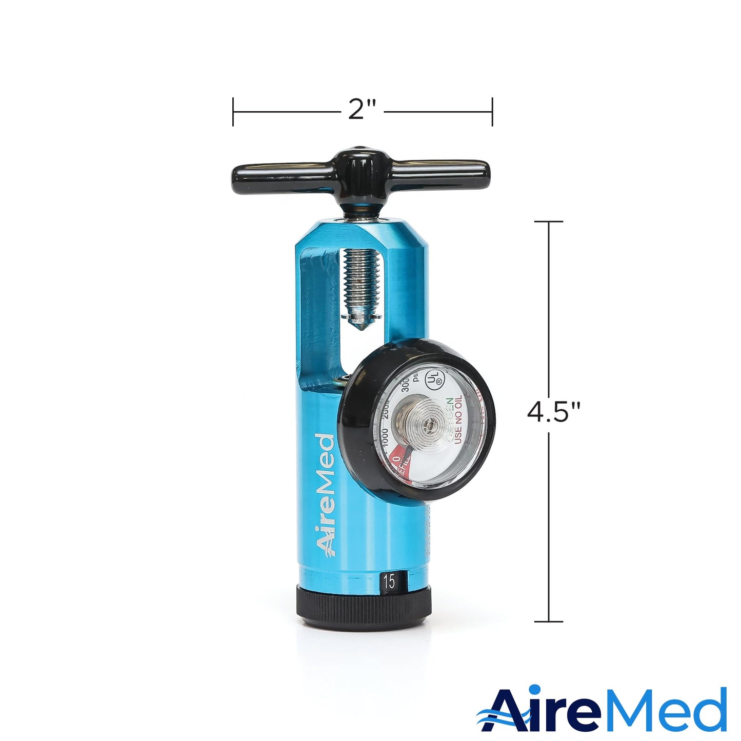 AireMed Oxygen Regulator 0-15LPM, CGA-870 Gauge Flow Rate – Includes Wrench Key, 5 Brass Yoke Washer Seals, and 2 Oxygen Tubing Swivel Connectors - Ergonomic Handle Design – Blue
