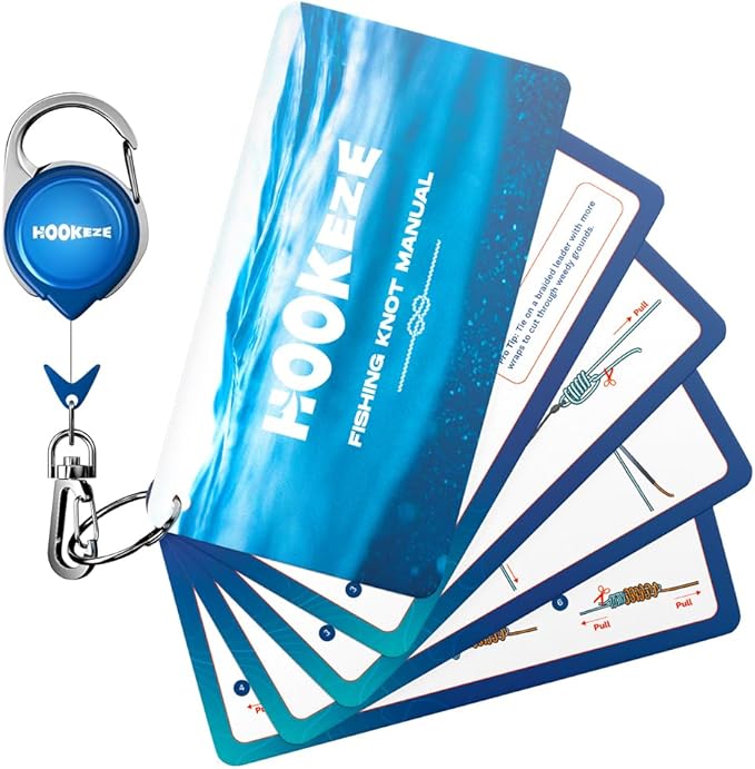 HOOK-EZE Fishing Knot Tying Cards, Waterproof Pocket Guide to 12 Essential Knots with Zinger Retractor, Fishing Gifts Gear...