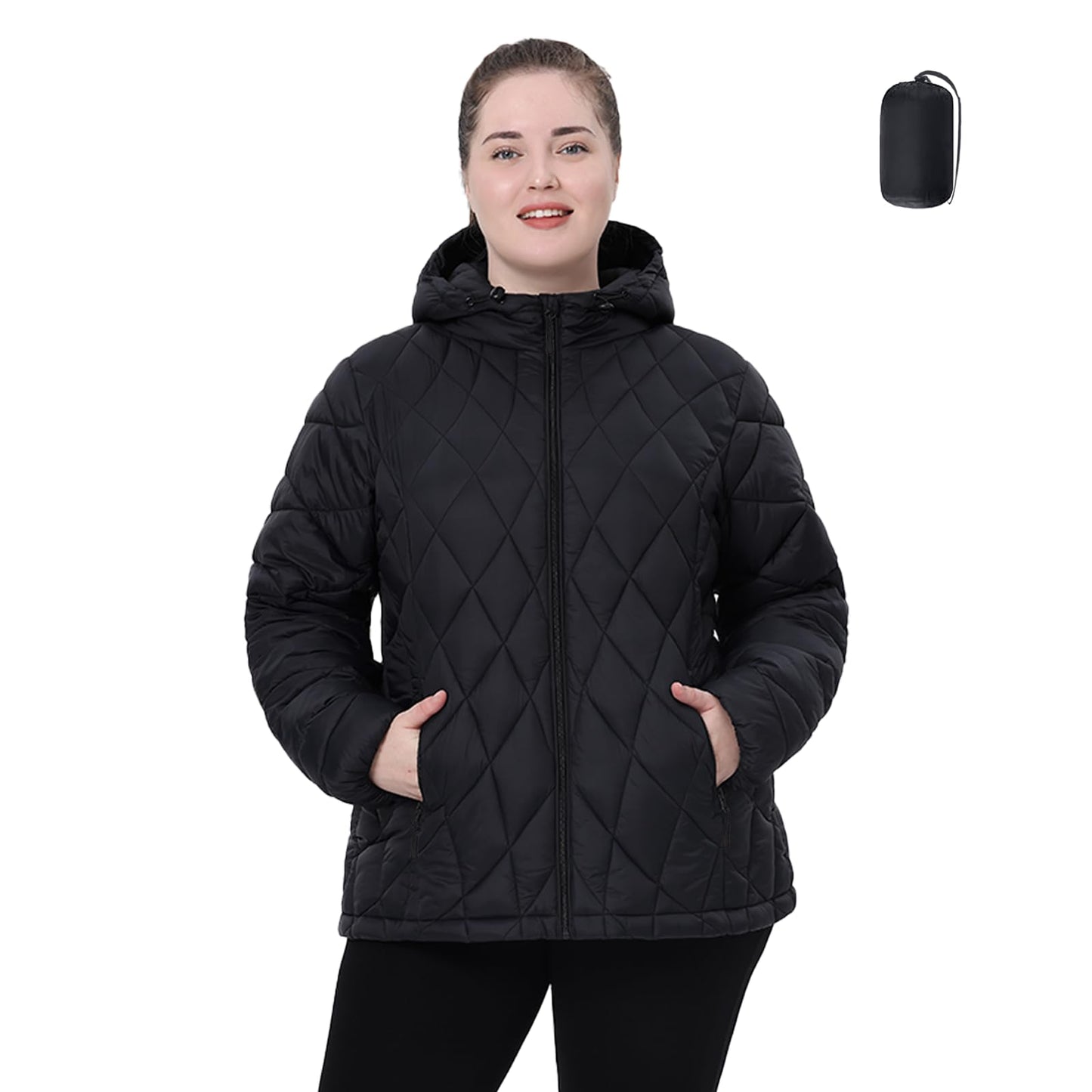 HHE Plus Size Women's Packable Puffer Jacket 1X-5X Water-Resistant Lightweight Winter Coat(Exclusively for Plus Size)(Black,2X)