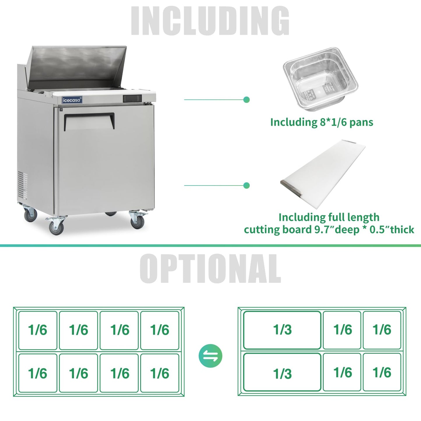 ICECASA 27" W Commercial Refrigerator Sandwich&Salad Prep Table single Door Stainless Steel Counter Fan Cooling Refrigerator with 8 pans-27 Inches for Restaurant, Bar, Shop, etc