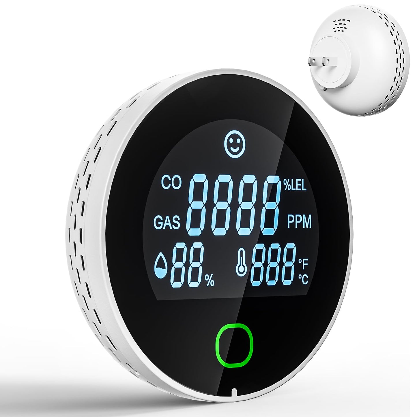 4 in 1 Carbon Monoxide Detectors Plug in, Natural Gas Leak & Carbon Monoxide Detectors, Dual Alarms and HD Screen Display with CO/Gas/Temperature/Humidity for Home/Travel/RV