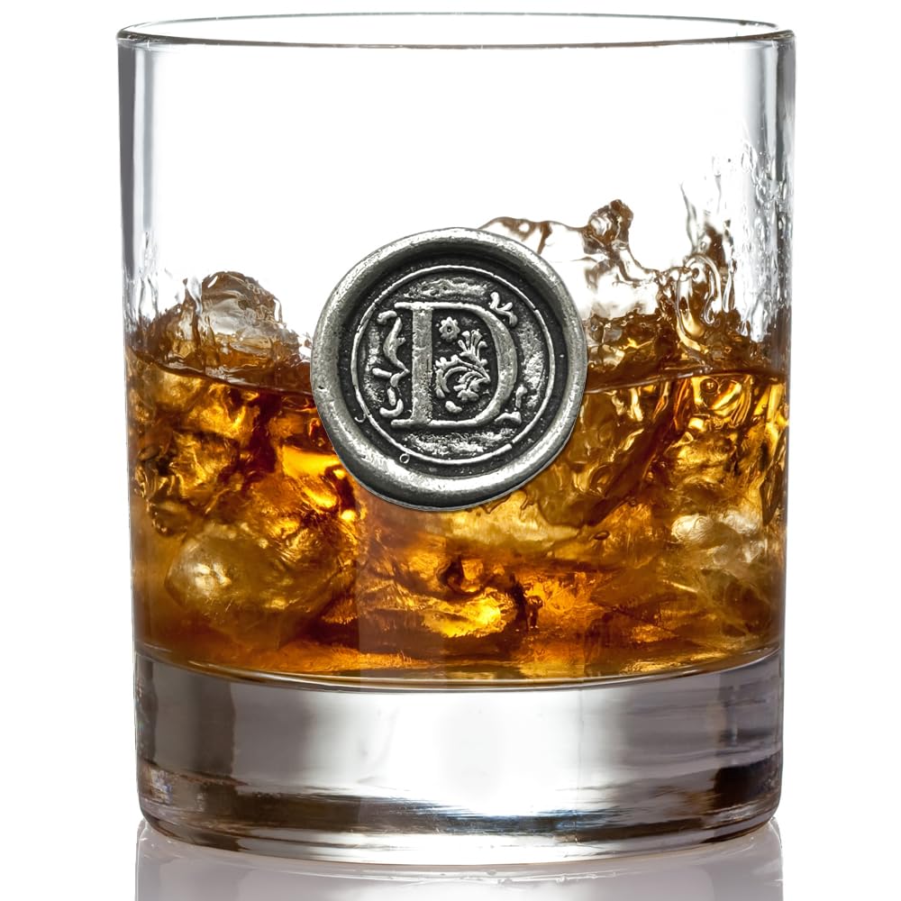 English Pewter Company 11oz Old Fashioned Whiskey Rocks Glass With Monogram Initial - Unique Gifts For Men - Personalized Gifts With Your Choice of Initial (D) MON104