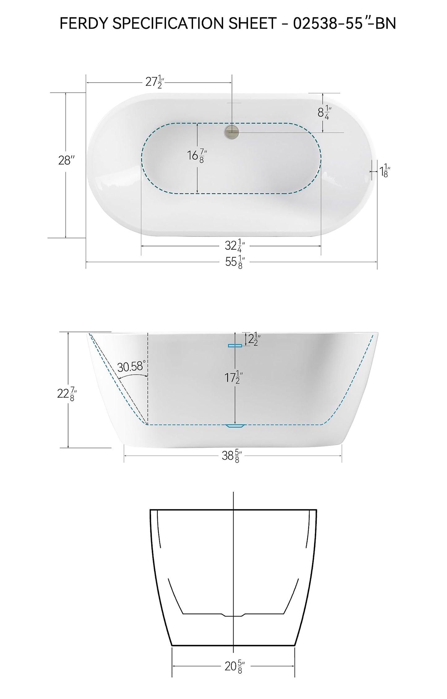 FerdY Bali 55" Freestanding Bathtub, Glossy White Freestanding soaking tub with Brushed Nickel Drain & Integrated Slotted Overflow, cUPC Certified