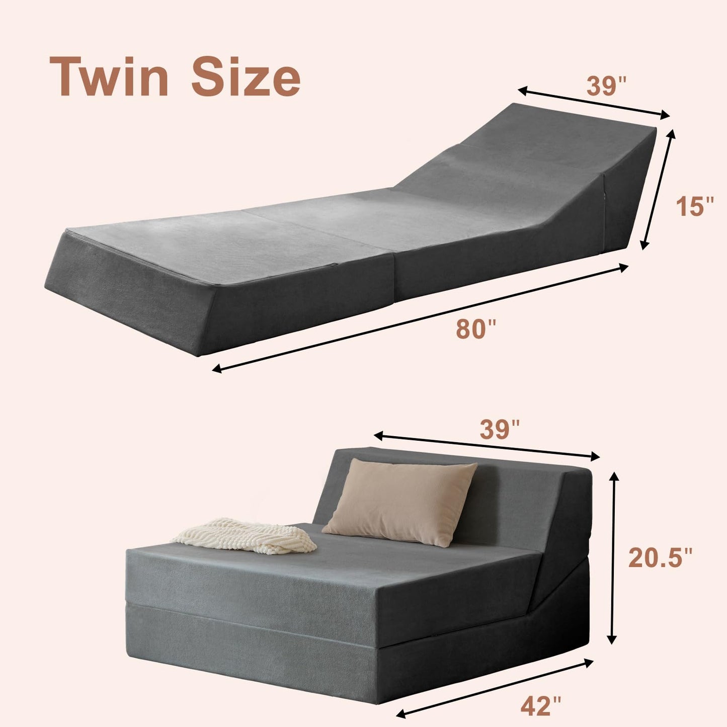 Rilelola Folding Sofa Bed, Sleeper Chair and Futon Couch, Convertible Sofa Bed, Floor Sofa for Living Room/Guest Room/Dorm/Home Office, Twin Size, Dark Gray