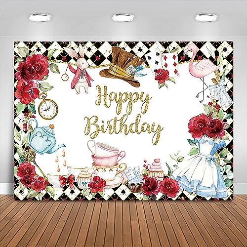 Fitumiw Wonderland Birthday Backdrop 7x5ft Tea Party Happy Birthday Background Party Decorations for Kids Fairy Tale Banne...