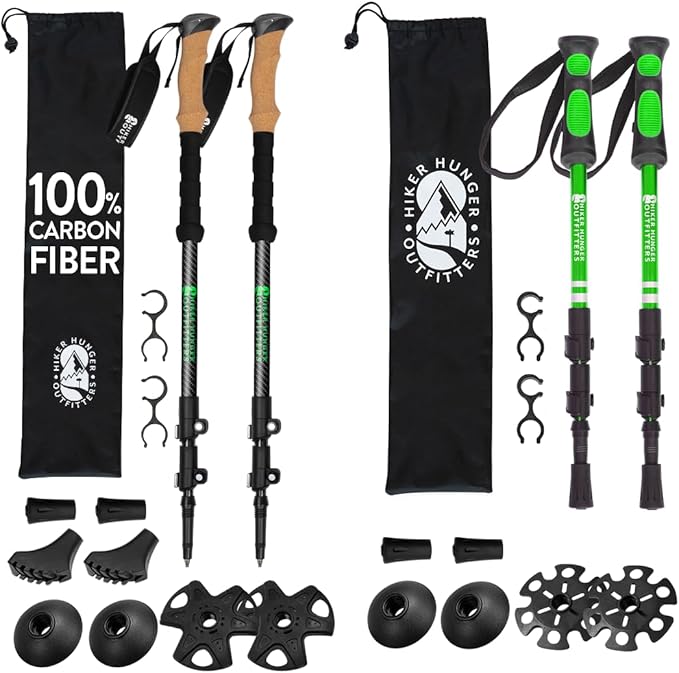 Lightweight Collapsible Trekking Poles for Kids (Green) & Carbon Fiber Aluminum Walking Sticks with Cork Grips (3k Black &...