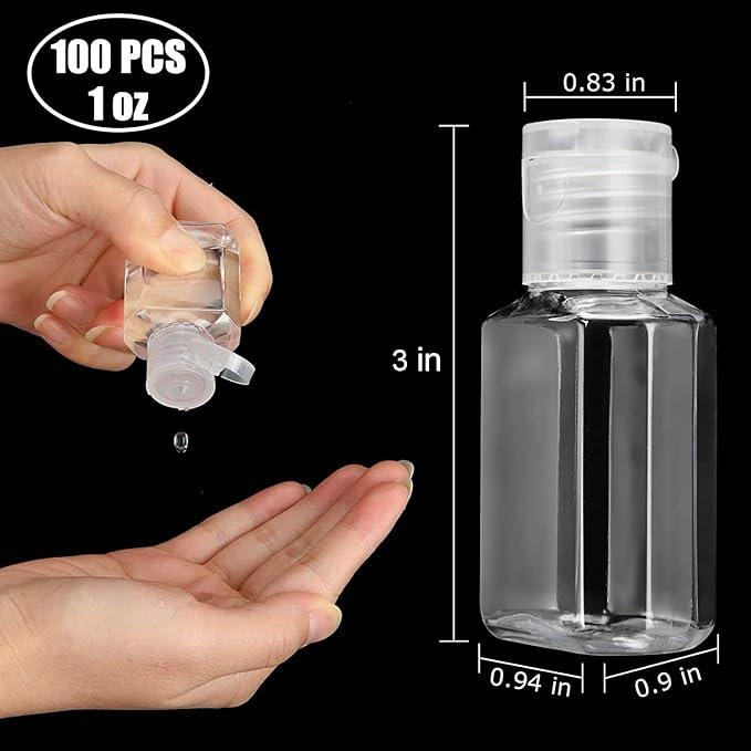 APACALI 100PCS Plastic Travel Bottles 1oz Mini Shampoo Bottles Small Empty Bottles Refillable Cosmetic Containers with Flip Cap Clear Portable Small Bottles for Liquid, Lotions, Toner, Body Soap