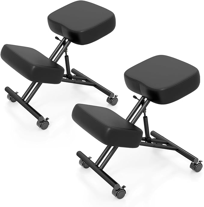 Goplus Kneeling Chair, Upholstered Mobile Desk Chair w/Adjustable Height, Thickened Sponge Cushion, 4 Lockable Universal Wheels, Office Home Padded Stool with Angled Seat, Black (2)