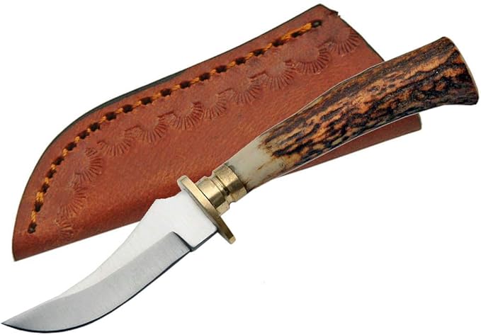 SZCO Supplies Mini Stag Hunting Knife - 5.25 Inch Stainless Steel Blade with Stag Handle, Brass Guard, and Leather Sheath...