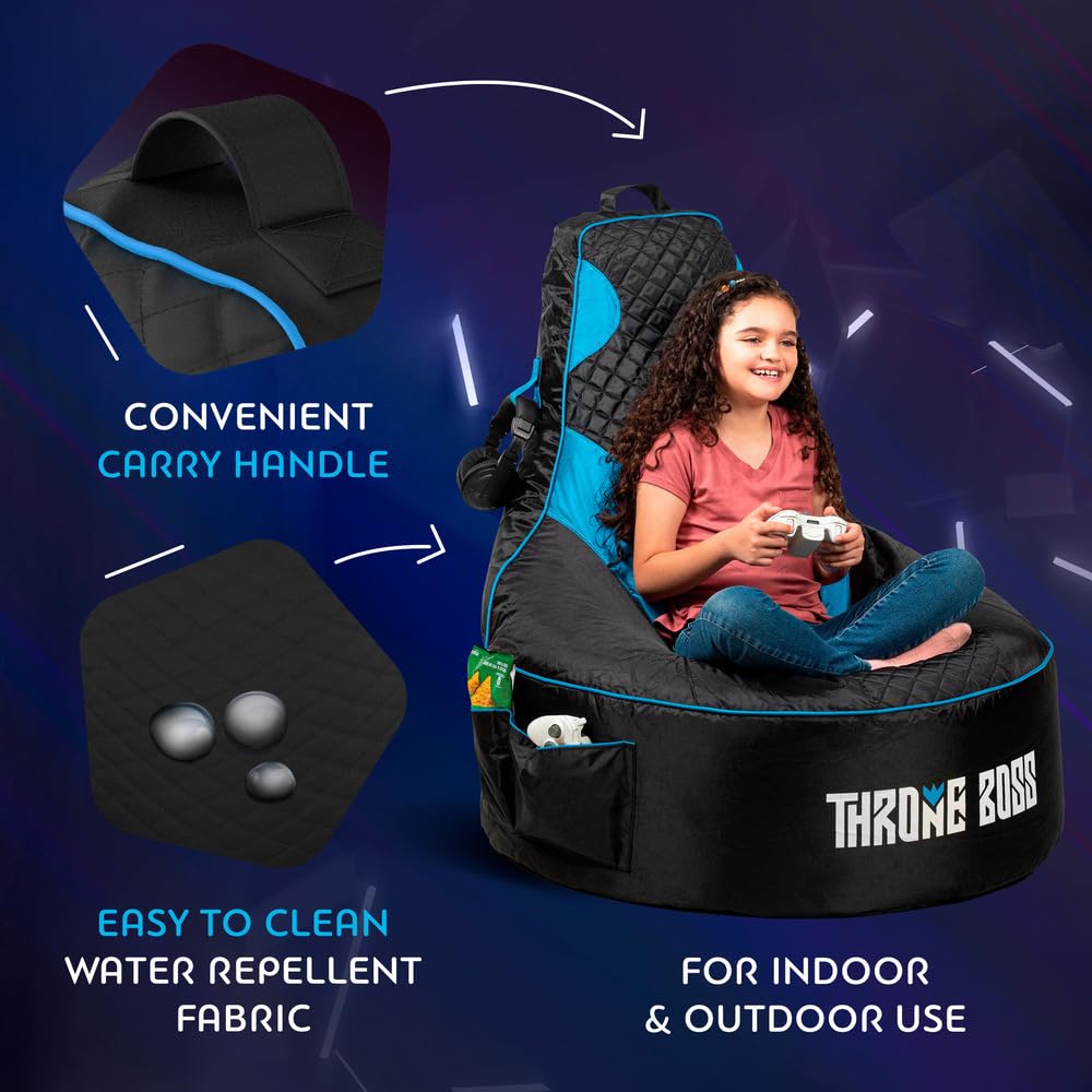 Throne Boss Gaming Bean Bag Chair for Kids [Cover ONLY No Filling] - High Back Beanbag for Boys, Girls, and Gamers with Cup Holder (Black/Blue)
