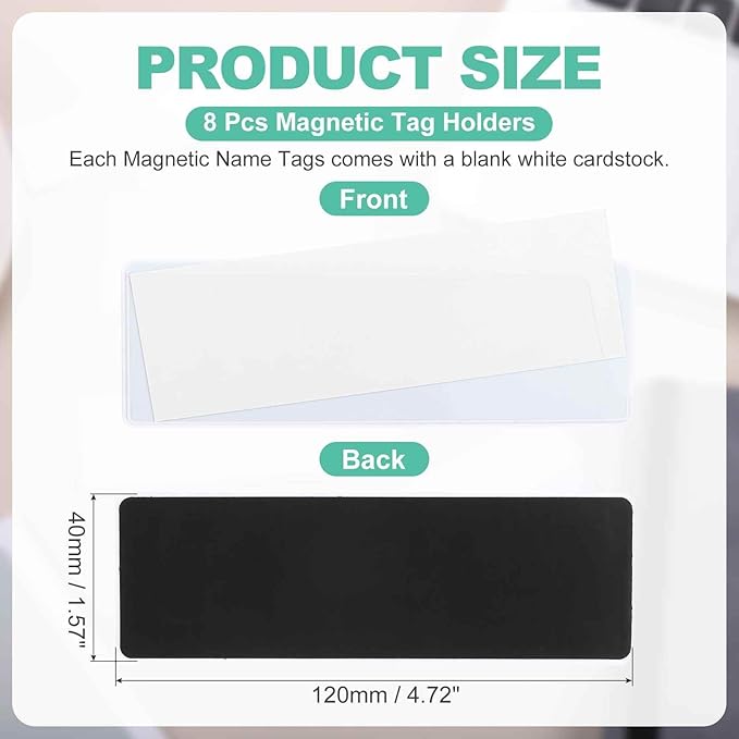 MECCANIXITY 8 Pcs Magnetic Label, 4.72" × 1.57" × 0.06" Magnetic Name Tags Label Sticker with Blank Paper Card for Shelf Labeling White Board Garage Home Warehouse