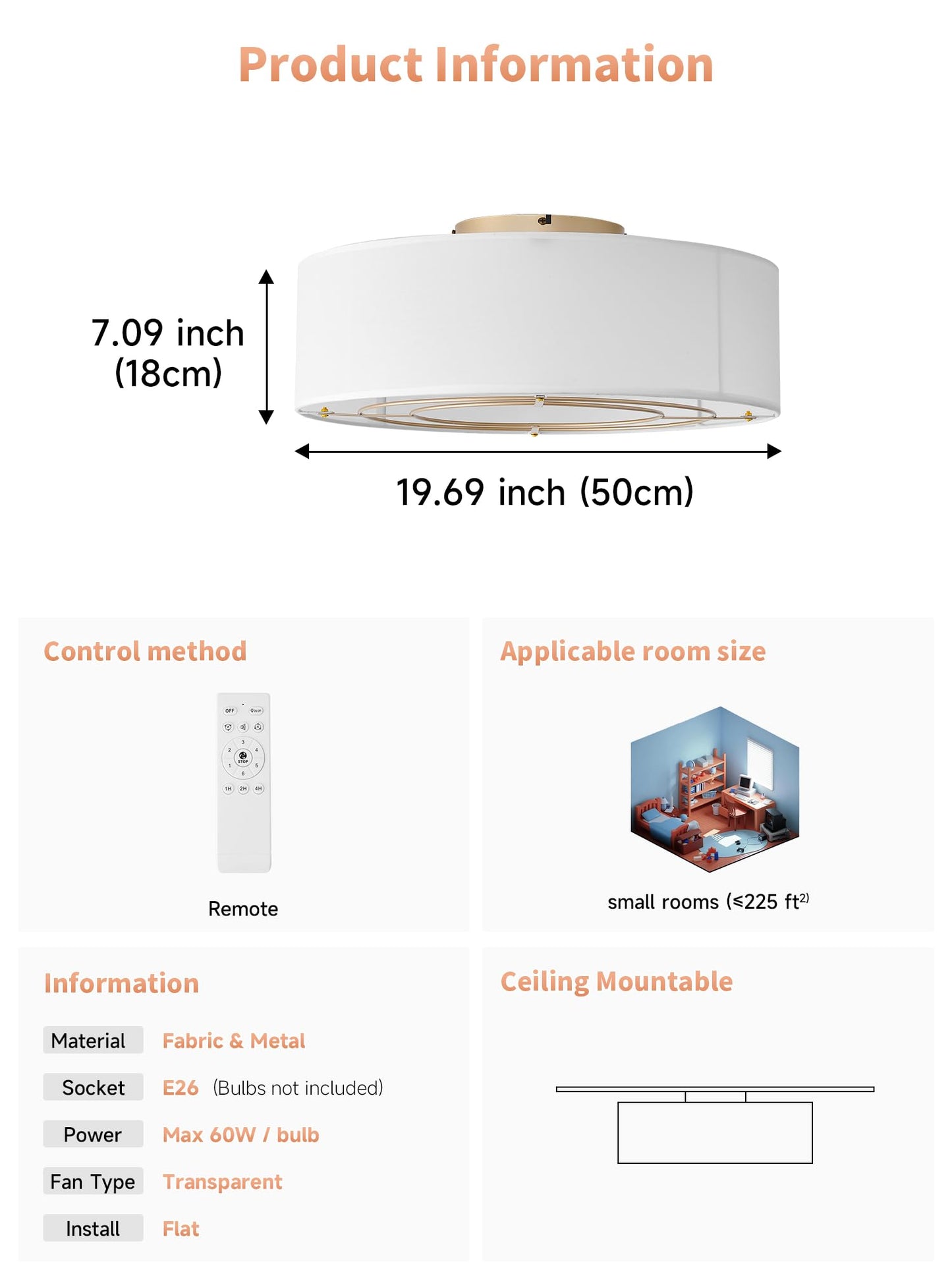 MizWacky Low Profile Ceiling Fans with Lights, 20" Flush Mount Ceiling Fan with Light, Boho Bladeless with 6 Speeds, Rattan Remote Control for Bedroom, Nursery, Living Room