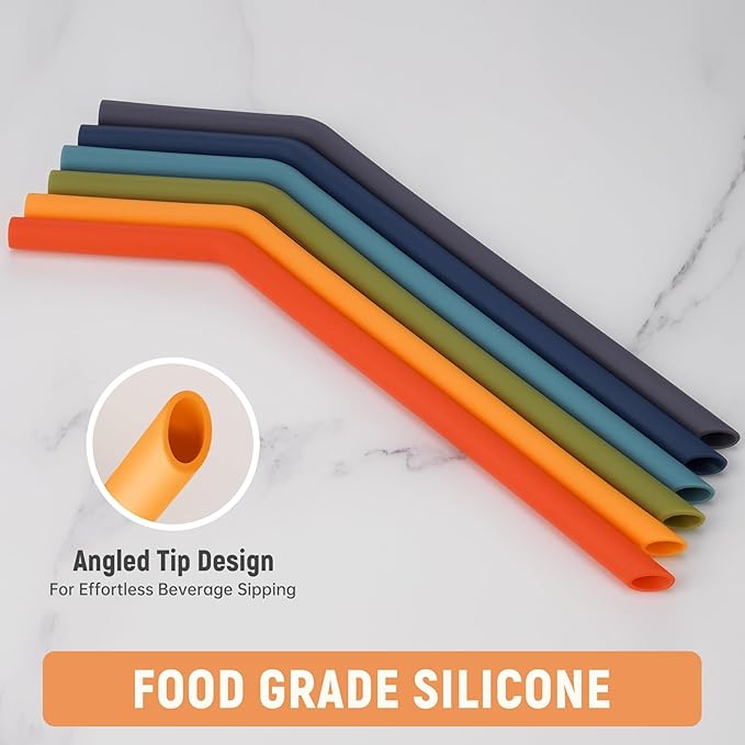 NiHome 6-Pack Wide Reusable Bent Silicone Straws for Boba, Smoothies, Bubble Tea, 0.425" Eco-Friendly Bent Straws for Drinks, Child-Safe, Customizable Length, 2 Brushes (Deep Rainbow)