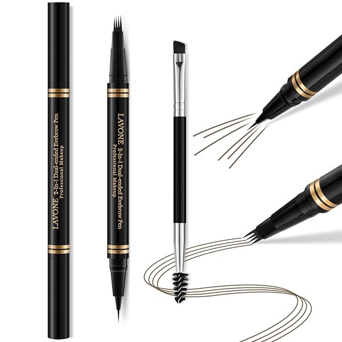 Eyebrow Pen,2-in-1 Waterproof Eyebrow Pencil with 4 Tip Microblading Brow Pen and Ultra-Precise Brow Pencil,with Dual-ended Eyebrow Brush,Eyebrow Makeup for Natural Looking - Medium Brown