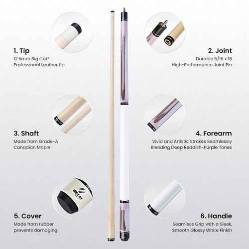 Big Cat Paint Brush Pool Cue Stick - Grade A Canadian Maple, 12.5mm Professional Leather Tip, 58” Length, Premium Billiard Cue for Adults – Home or Tournament Play - 19oz, Paint IV Regal Amethyst