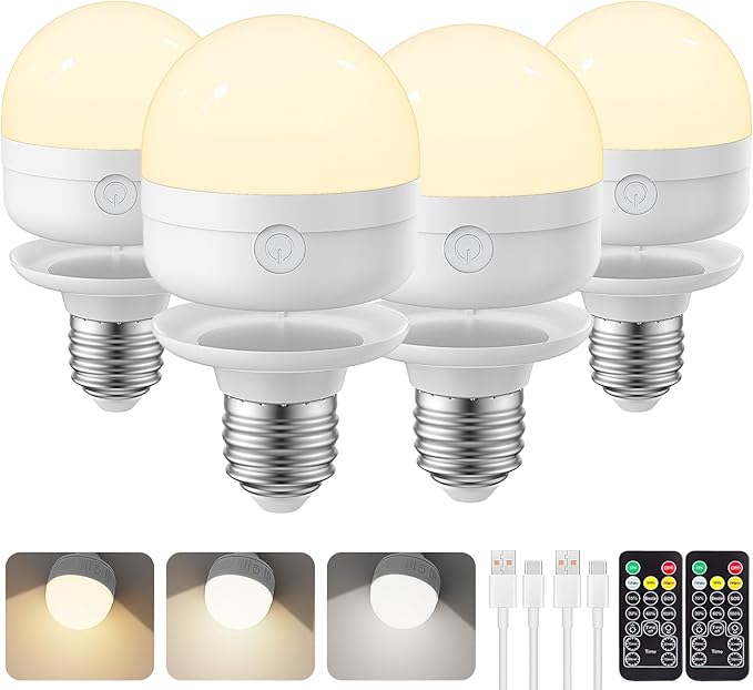 SCOPOW 4Packs E26 Rechargeable Light Bulbs with Remote and Timer, 8W 600lm Bright Magnetic Light Bulbs, 2500mAh Battery Operated Lightbulbs, 3 Color Temperature, Dimmer for Non-Hardwired Lamp