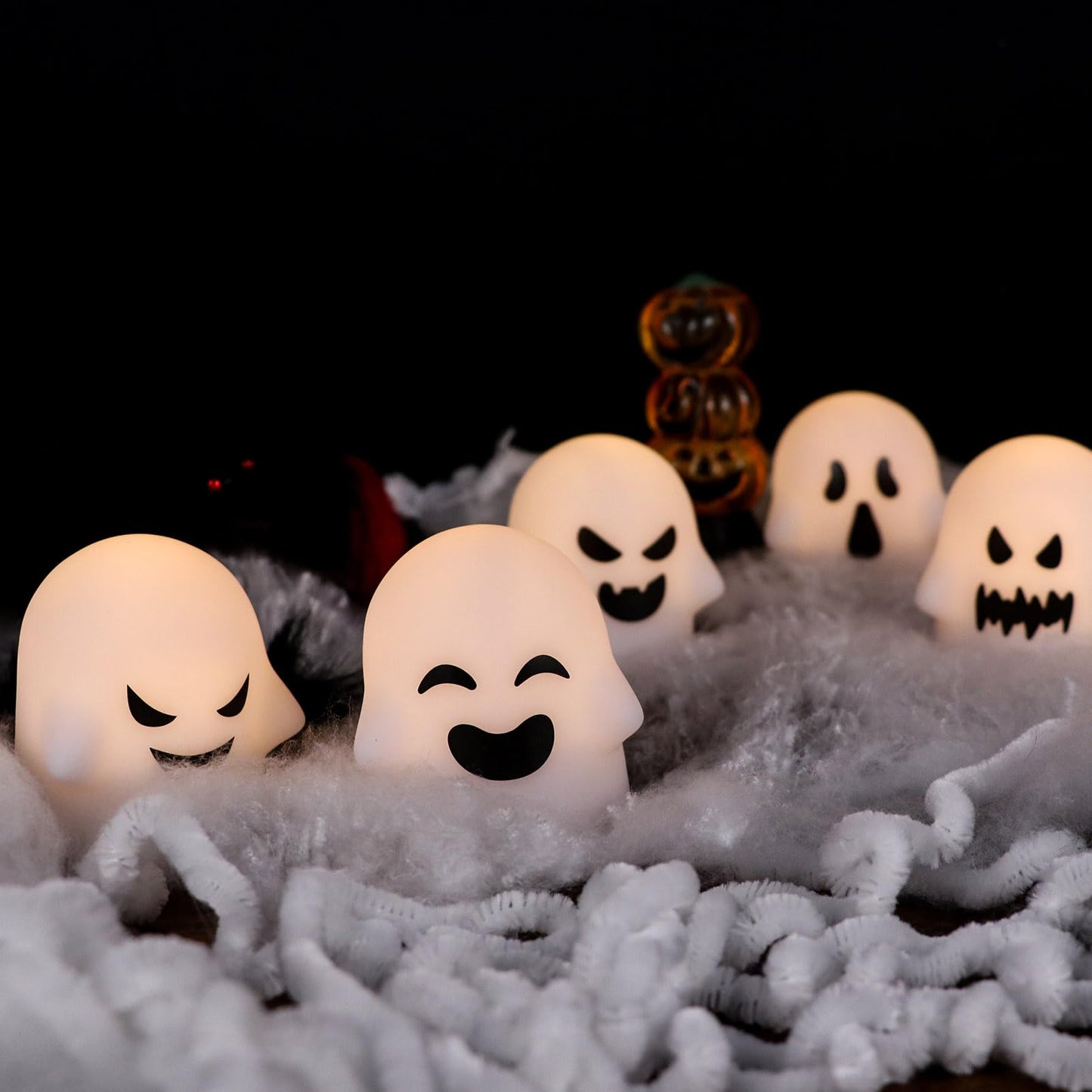 Lasumora Ghost Halloween Decorations Flameless Candles with Remote Timer, 6 Pack Grimace Ghost Candles, Battery Operated White LED Tea Lights Candles Dimmable Light for Halloween Decor