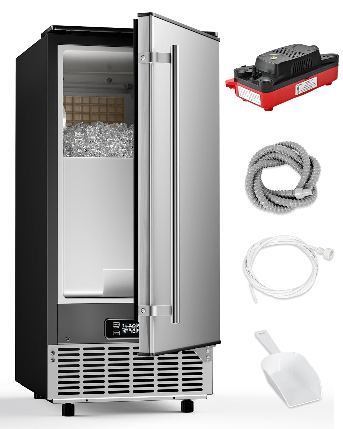 Feelfunn Commercial Ice Maker with Water Pump, 85Lbs/Day, Built-in Undercounter Ice Maker with Auto-Cleaning & Timer, Freestanding Stainless Steel Ice Machine for Restaurant Home Bar Office