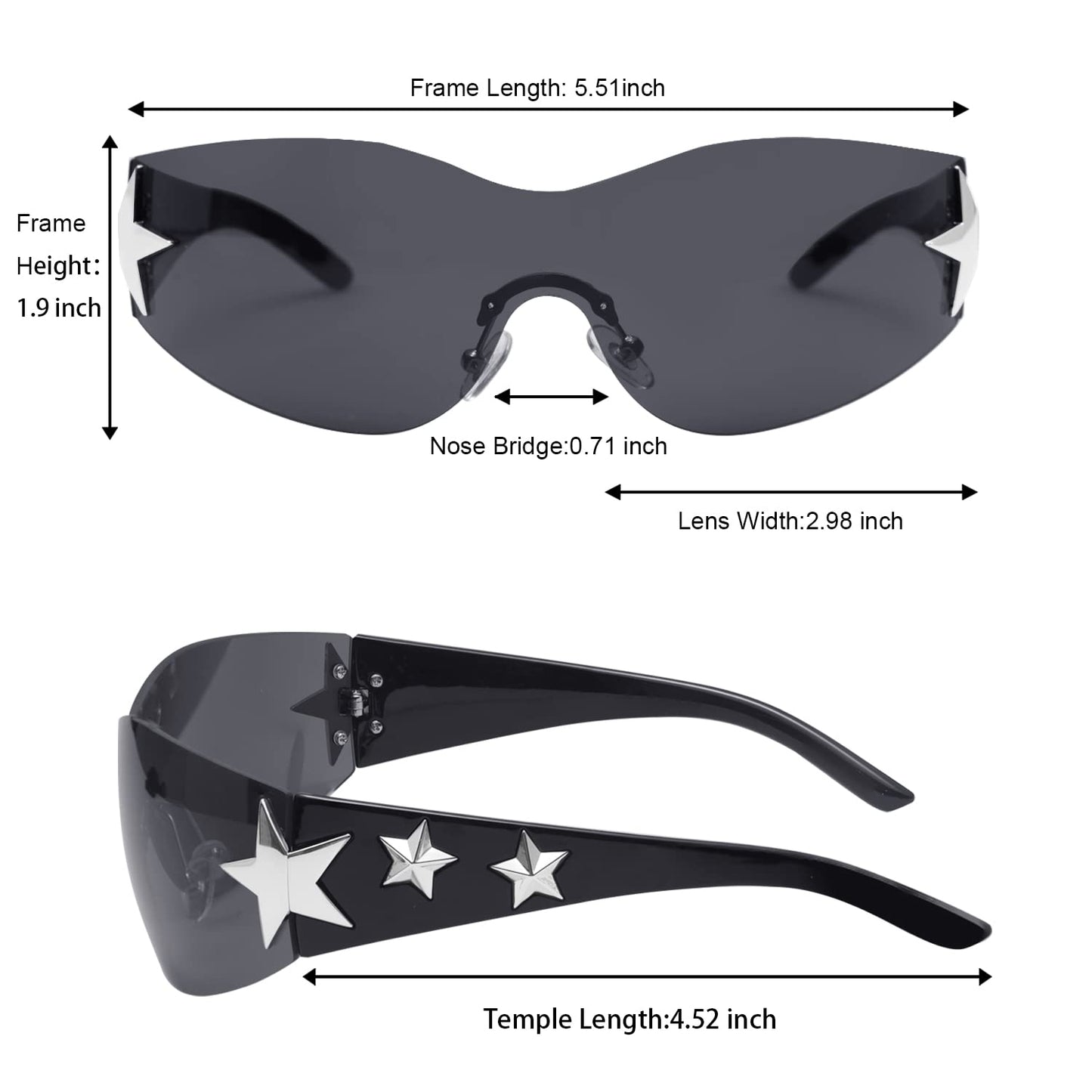Haqptul Rimless Y2K Sunglasses Star Wrap Around Glasses 2000S Accessories for Women Men Trendy Fashion Cool Shield Shades (Transparent)