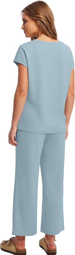 Saloogoe Two Piece Sets for Women Summer Outfits Lounge Sets V Neck Tops Wide Leg Pants Woman Vacation Travel Outfits