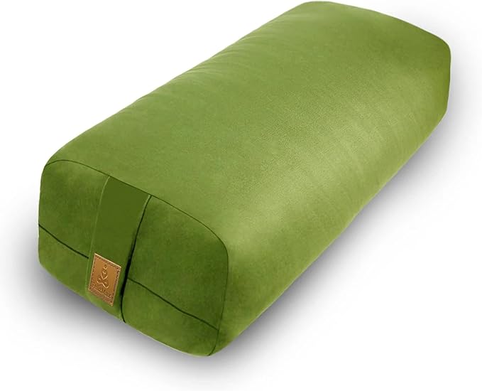 Yoga Bolster Pillow 26x10.5x5.5in Rectangular Meditation Cushion for Massage and Back Support, Breathable Cotton Fill, Zippered Organic Cotton Cover, Easy-Carry Handle, Machine Washable (Green)