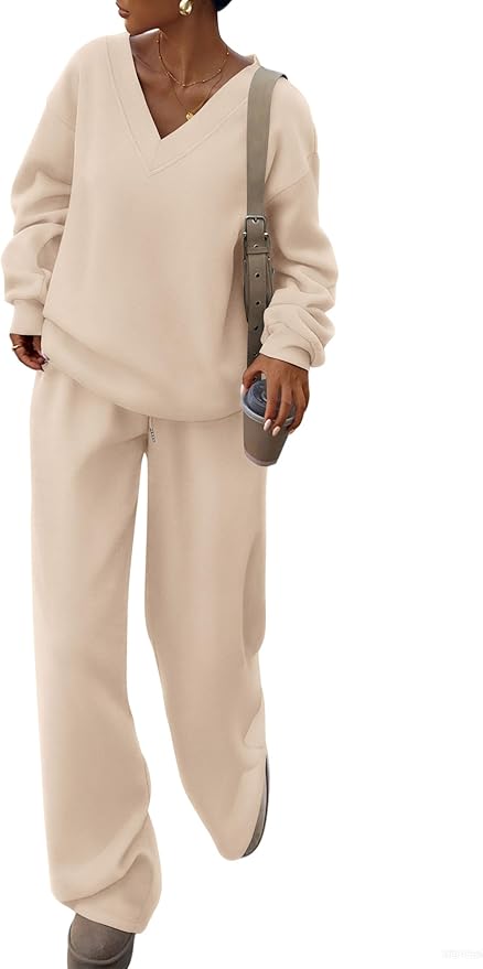 PRETTYGARDEN Casual Winter Two Piece Sets for Women 2026 V Neck Sweatshirt Loose Wide Leg Pants Tracksuit Knit Fall Outfits