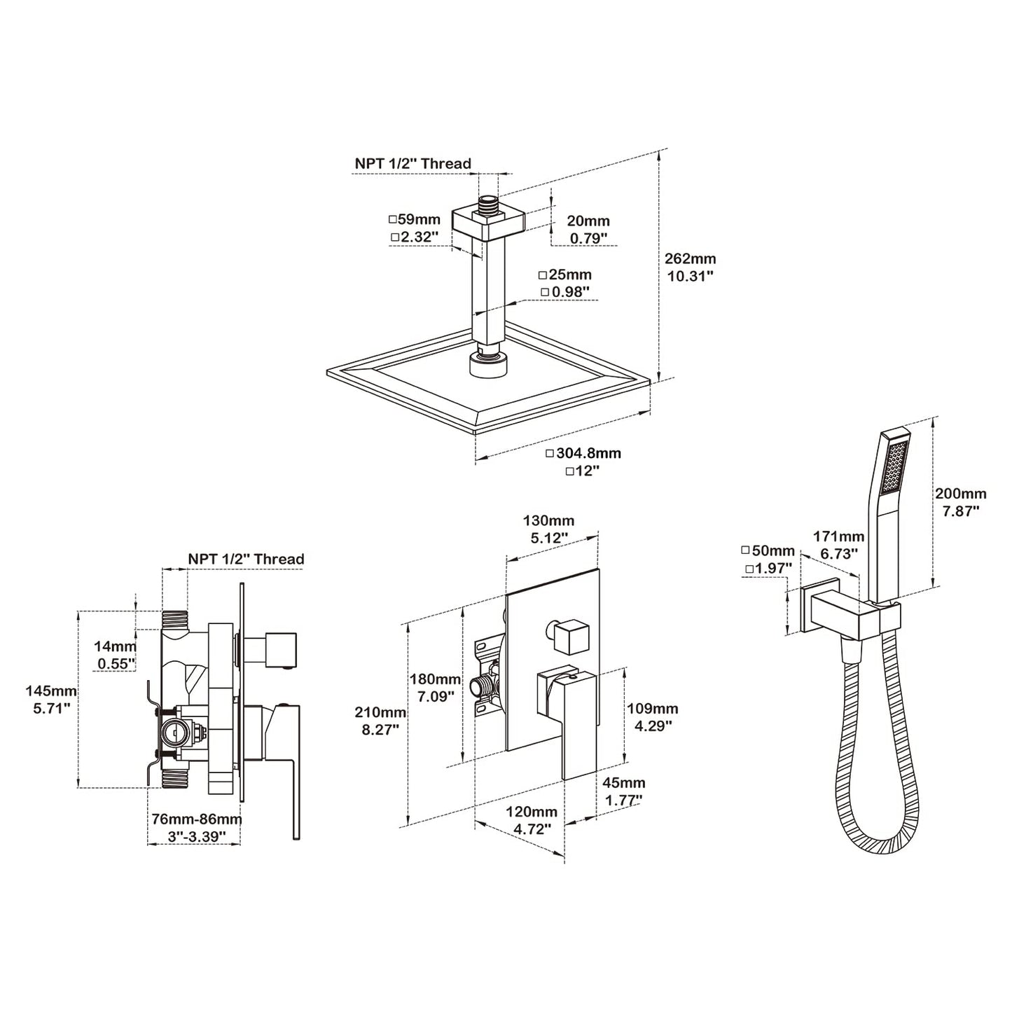 Artiqua Shower System 12 Inches Rain Shower Combo Set Chrome Ceiling Mount Shower Faucet Bathroom Faucets with Rainfall Shower Head and Hand Shower