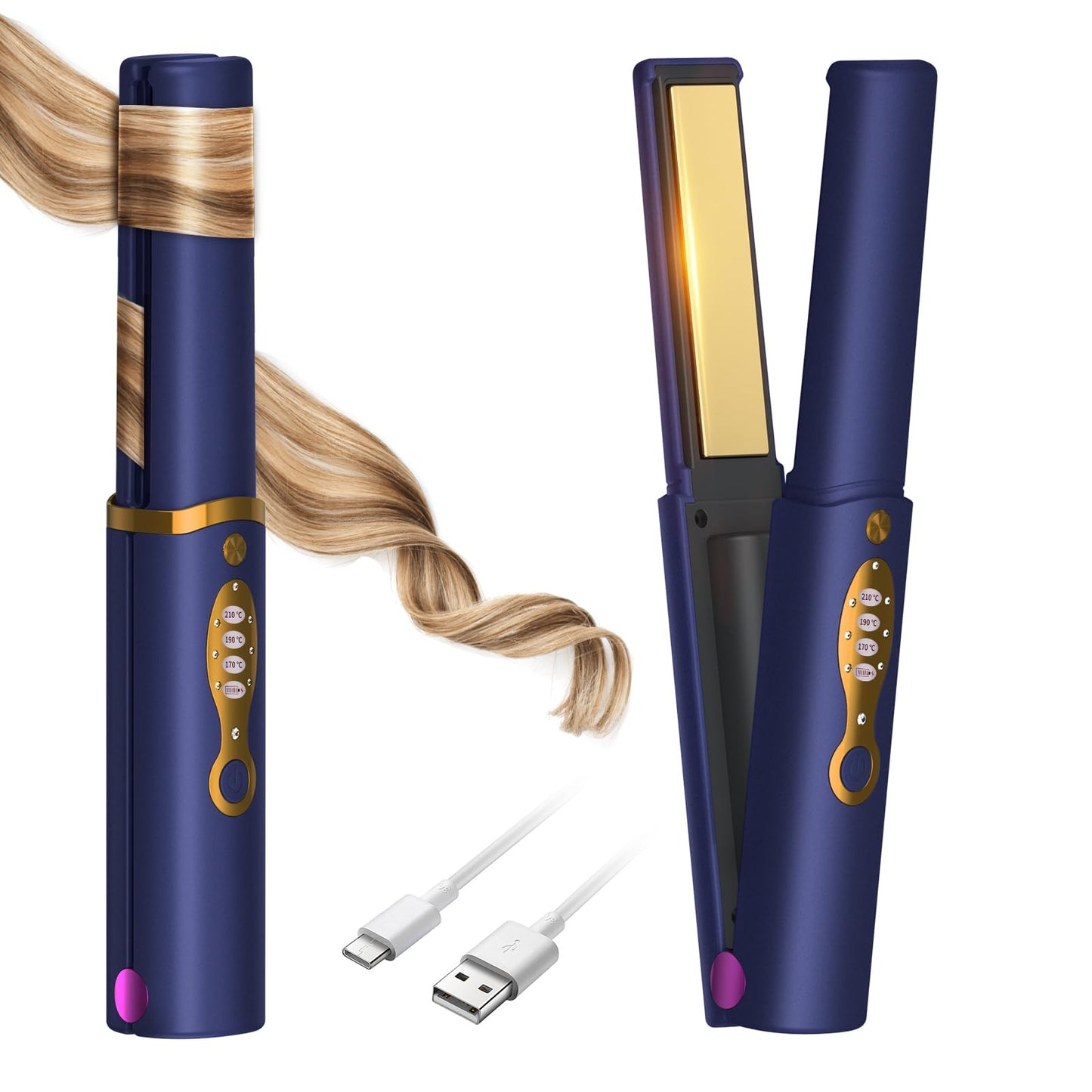 Cordless Hair Straightener & Curler 2 in 1, Mini Wireless Flat Iron, Portable, Rechargeable, Travel Size (Blue)