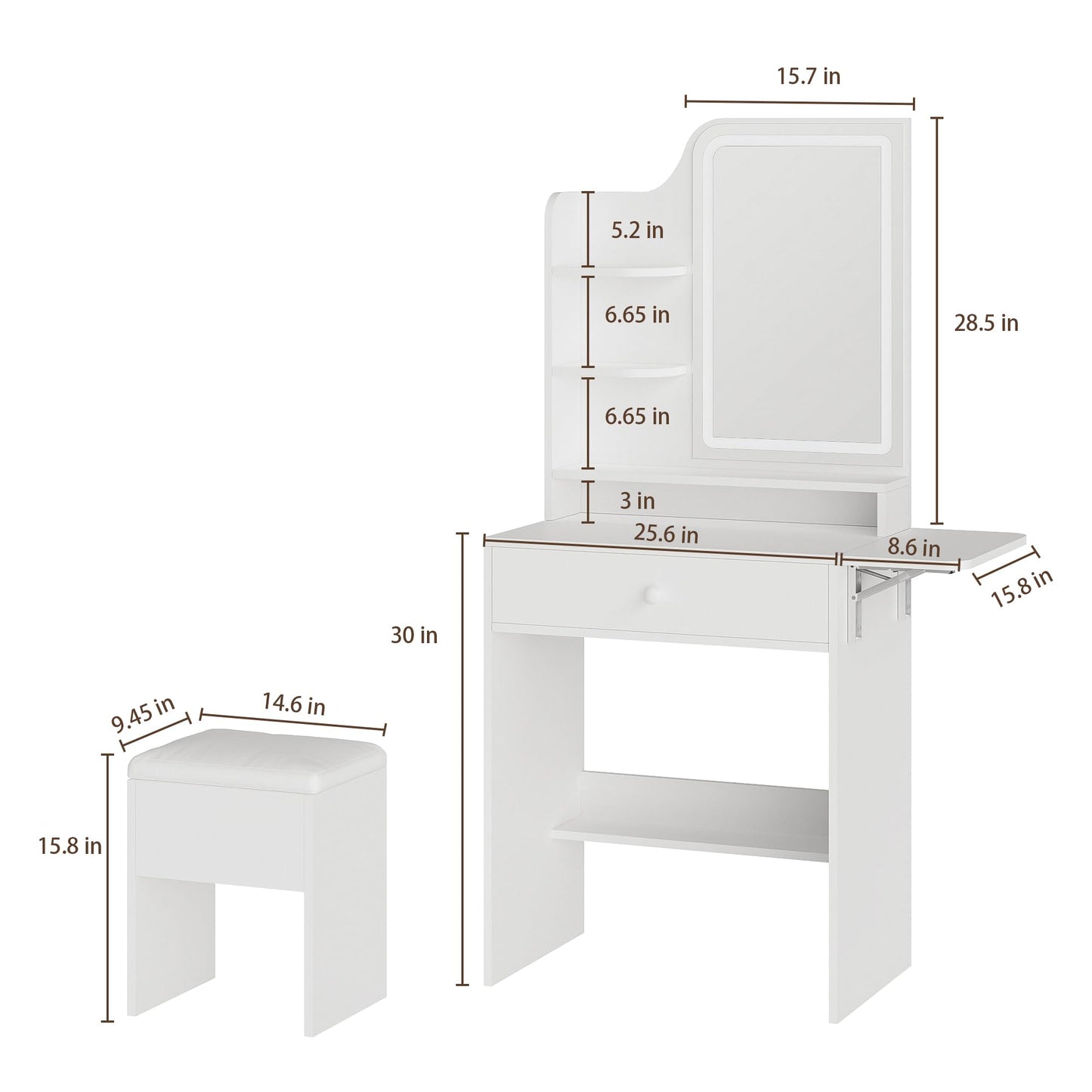 Haewon Small Vanity Desk with Mirror and Lights, Makeup Vanity with Charging Station, Compact Dressing Table Set with Storage Chair, Drawer and Shelves for Bedroom, White
