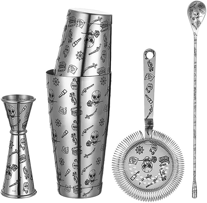 Cocktail Shaker Set - 5-Piece Bar Accessories Kit w/Weighted Boston Shaker, Strainer, Jigger, Mixing Spoon with Etched Sku...