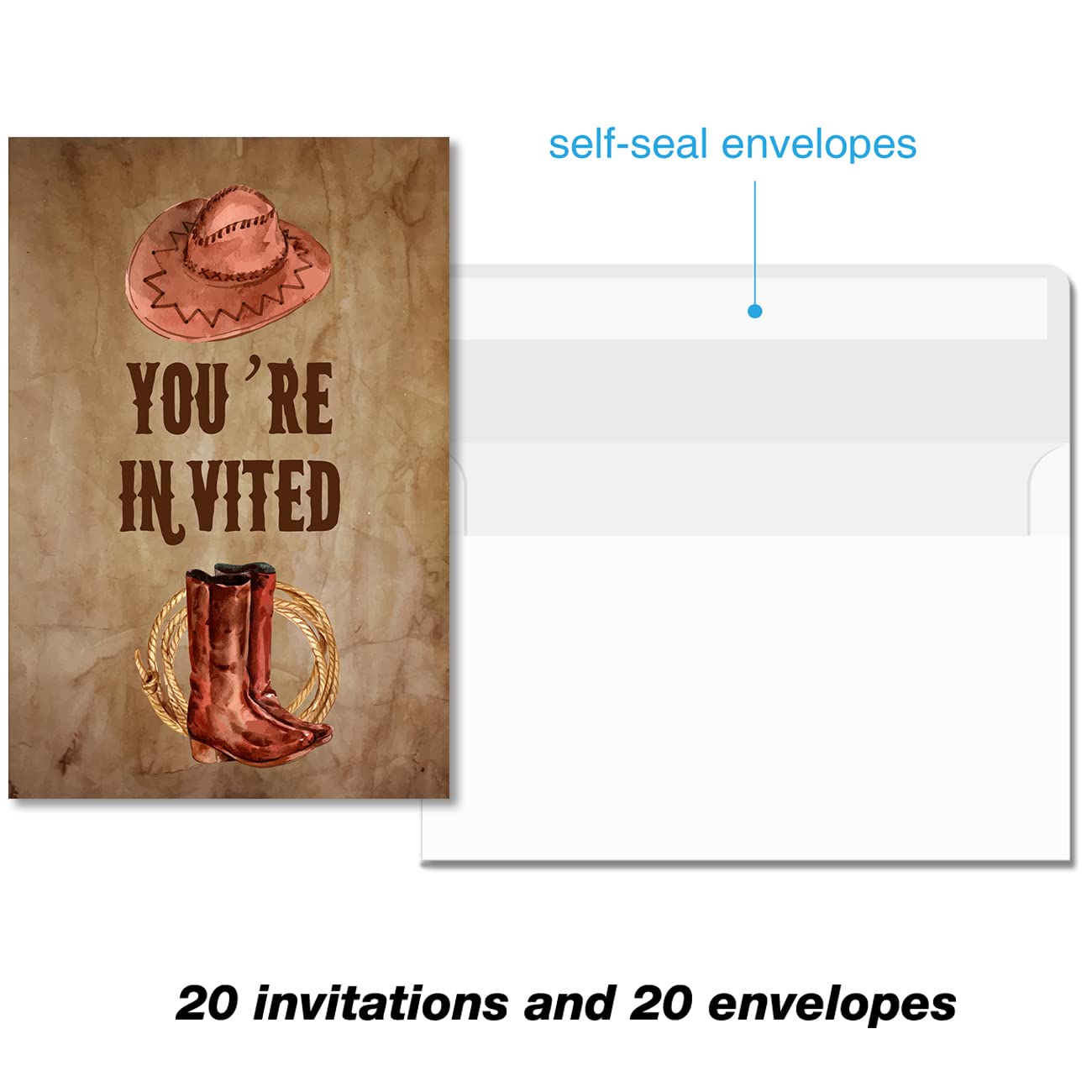 Retro Counrty Western Birthday Party Invitations with Envelopes Set of 20 Wild West Cowboy Birthday Party Invites for Men
